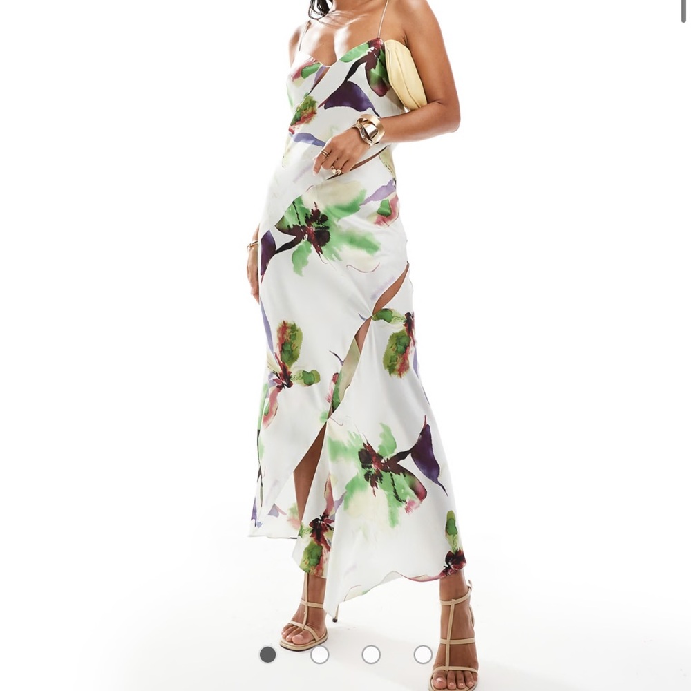 ASOS DESIGN cowl neck satin midi dress with cut outs and buckle detail